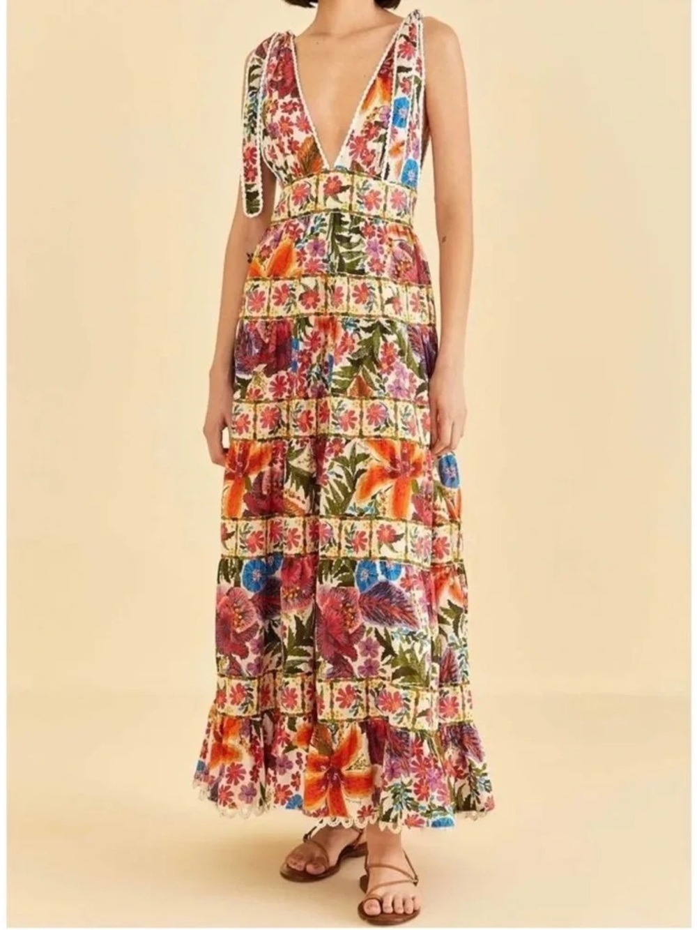 FARM Rio Multicolor Floral Tie-Shoulder Maxi Dress
